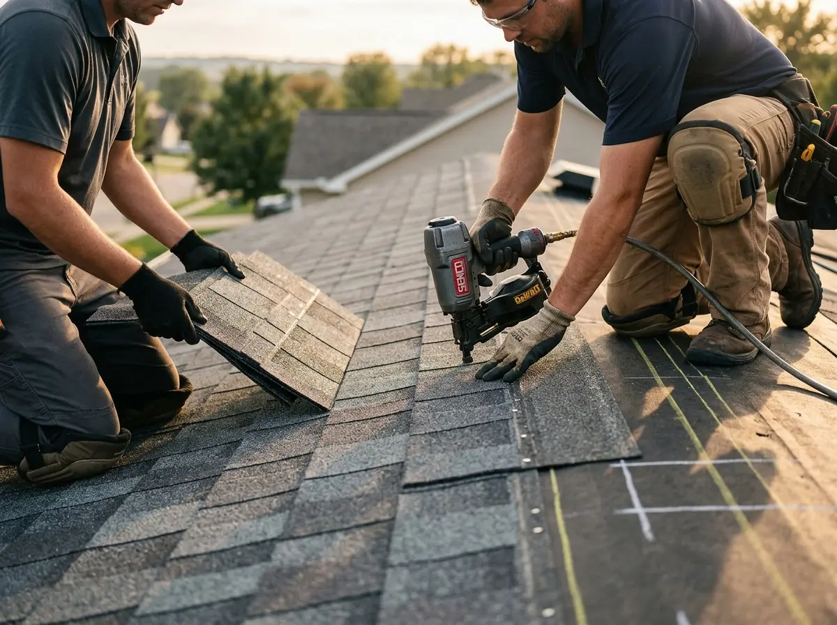 Professional roofer working on a residential roof in Tallulah